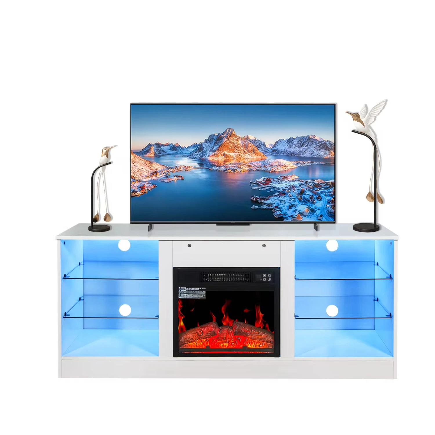 ireplace TV Stand With 18 Inch Fireplace Heater,Modern Entertainment Center TVs to 62 Inch With Adjustable Glass