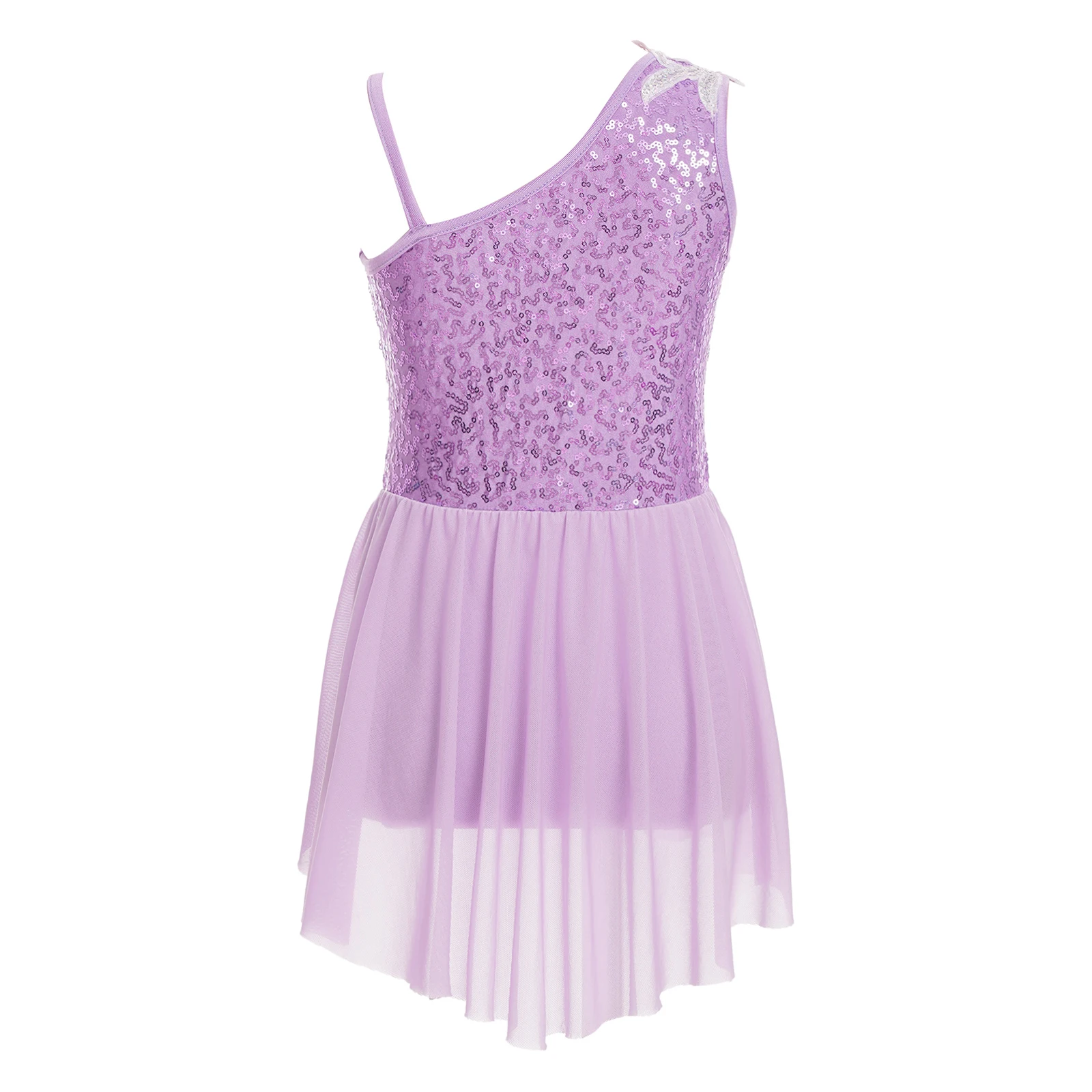 2023 Kids Girls Sleeveless Dress Ballet Dance Performance Costumes Oblique Shoulder Sequins Floral Decorated Patchwork Dresses