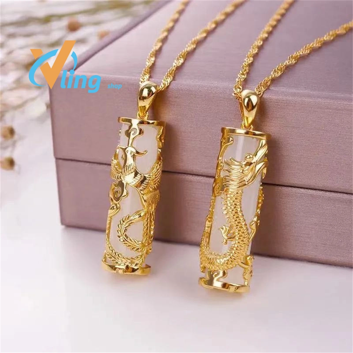 

Gold Inlaid Jade Dragon Phoenix Pendant Couple Male Female Jade Xinjiang White Jade Pendant Necklace Silver Inlaid Jade Necklace