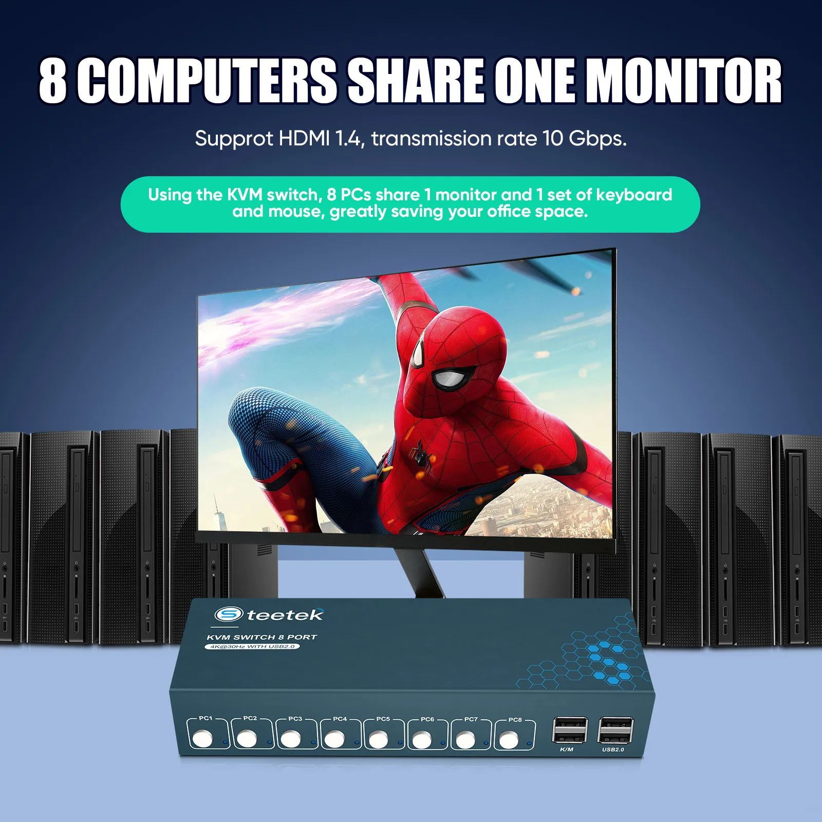 KVM 스위치 8 포트 v2.0 HDMI KVM 스위치, 핫키 교환 지원, 키보드 마우스 한 세트와 공유, 4K 3D, 8 in 1 Out, 8 PC