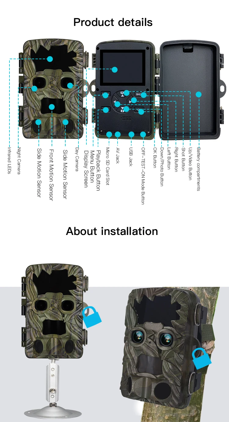4K Dual Lens camera for Day and Night 35m IR Range flash Hunting Camera 2.4 inch