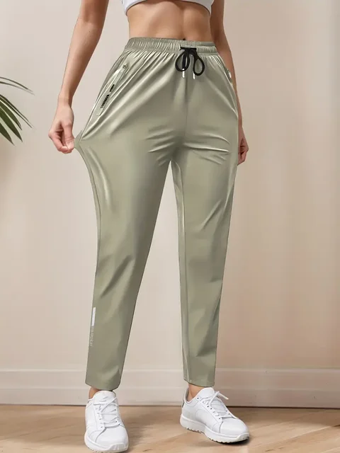 Women's High-Elasticity Ice Sliky Fiber Casual Pants Quick-Dry with Zipper Pockets Adjustable Drawstring Waist Lightweight
