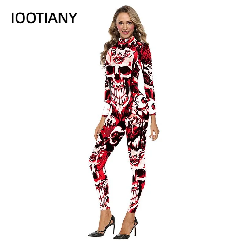 IOOTIANY 2 Colors Scary Skull 3D Print Sexy Bodysuits Women  Long Sleeve Cosplay New Party Tight Hallowmas Jumpsuits women s high waisted women s jeans casual party jeans women street sexy women tight stretch pencil pants blue patchwork pants