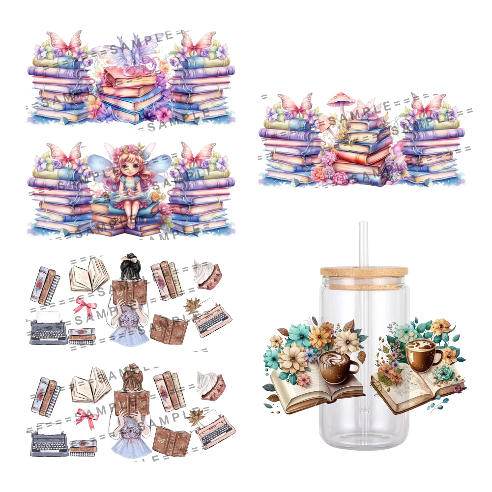 Lovely Coffee Books Pattern UV DTF Transfer Sticker Waterproof Transfers Decals For 16oz Glass Cup Wrap Stickers