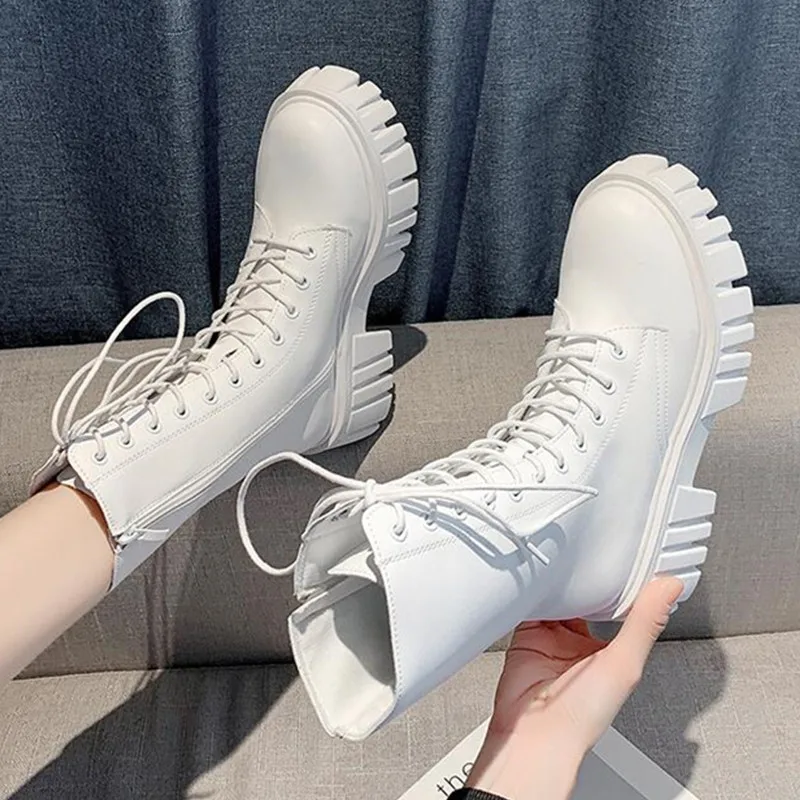 

TSTCTB Chunky Platform White Ankle Boots Women Autumn Winter Pu Leather Combat Booties Mujer Punk Thick Bottom Motorcycle Boots