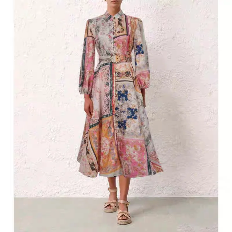 

Law2024Summer New Bohemian Style Printing Long Style Long Sleeve Waist-Tight Temperament Dress Guangzhou Thirteen Lines