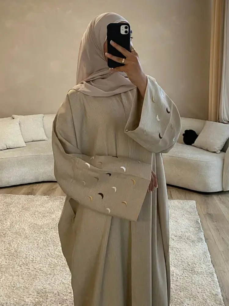 Moon Embroidery Linen Open Abaya Kimono Muslim Saudi Abayas for Women Dubai Luxury Turkey Kaftan Hijab Dress Islamic Clothing