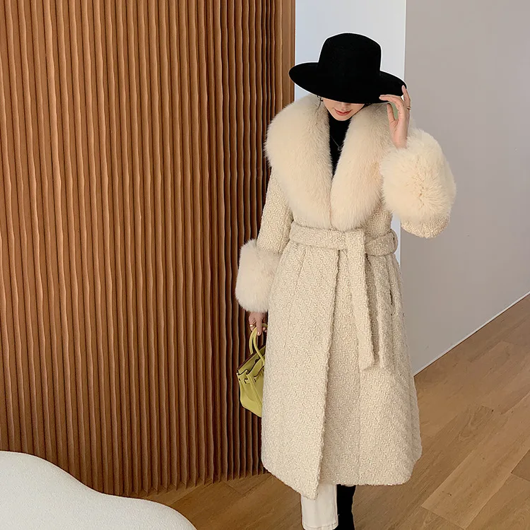 

New 2023 Women Gorgeous Genuine Fox Fur Collar Warm Long Woolen Coat For Women Thicker Belted Wool Jacket With Fur Cuff