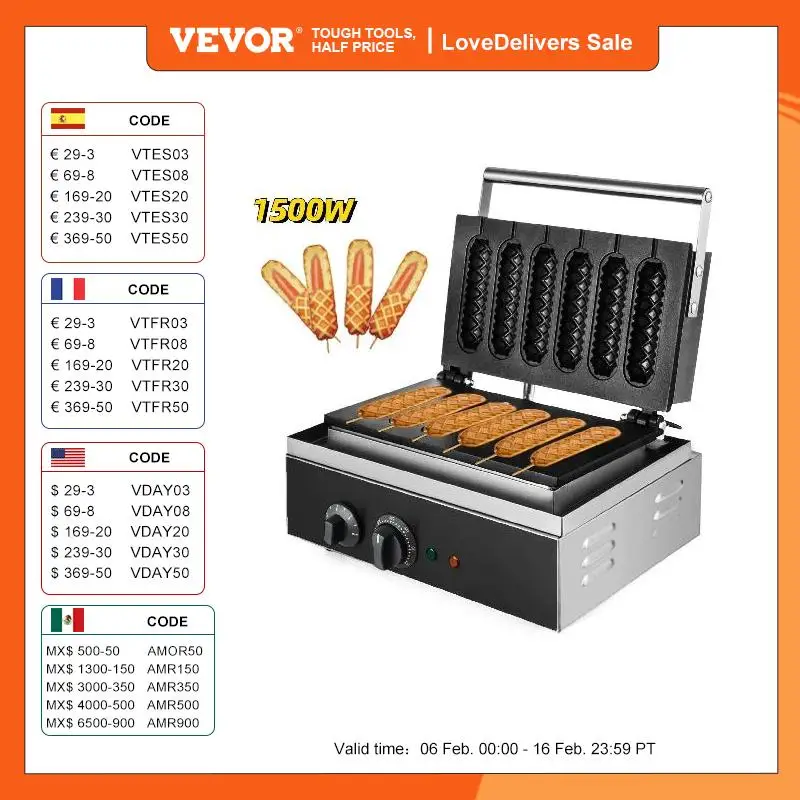 Vevor Macchina Per Waffle Commerciale, Piastra Per Waffle Maker Da 1500 W, Per Vari Tipi Di Cibi Come Hot Dog, 6 Pezzi A Fuoco, Per Panettiere, Ristor