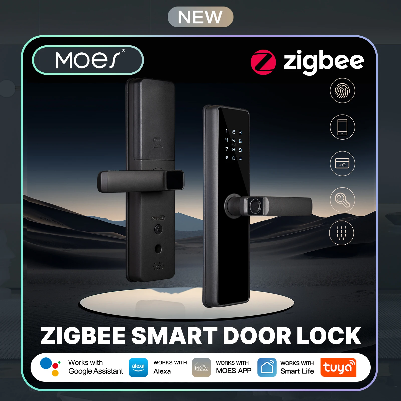 MOES Tuya ZigBee สมาร์ทล็อคประตูภายใน ปลดล็อคด้วยรหัสผ่าน ลายนิ้วมือ รีโมท คีย์การ์ด พร้อมระบบแจ้งเตือนการงัดแงะ ใช้พลังงานจากแบตเตอรี่ ทำงานร่วมกับ Alexa 1