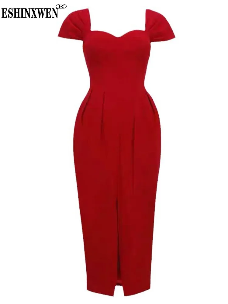 

Eshin Solid Color Red Short Sleeve Strapless High Waist A Line Dresses For Women 2024 Spring Fashion Y2k New Dress TH6477