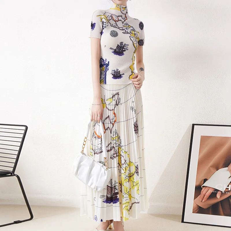 

Vintage Florl Printed Two Piece Set for Women Runway Designer Elegant Short Sleeve Top and Maxi Skirt 2 Piece Sets Outfits