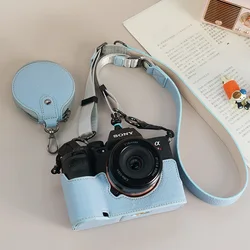 Luxury Leather Baseplate Camera Half Case with Bottom Opening and 1/4 Screw - Base Strap Bag (Sky Blue)