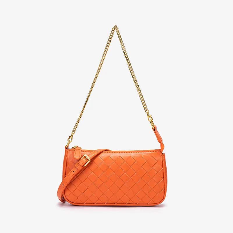 PU Leather Handmade Woven Small Shoulder Bag Women Adjustable Chain