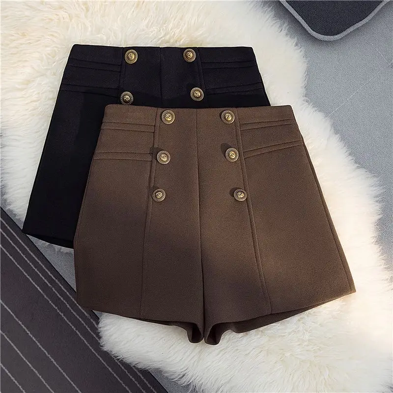 Autumn New Button Patchwork A-line Shorts All-match Loose Solid Zipper Office Wide Leg Pants Vintage Elegant Women Clothing
