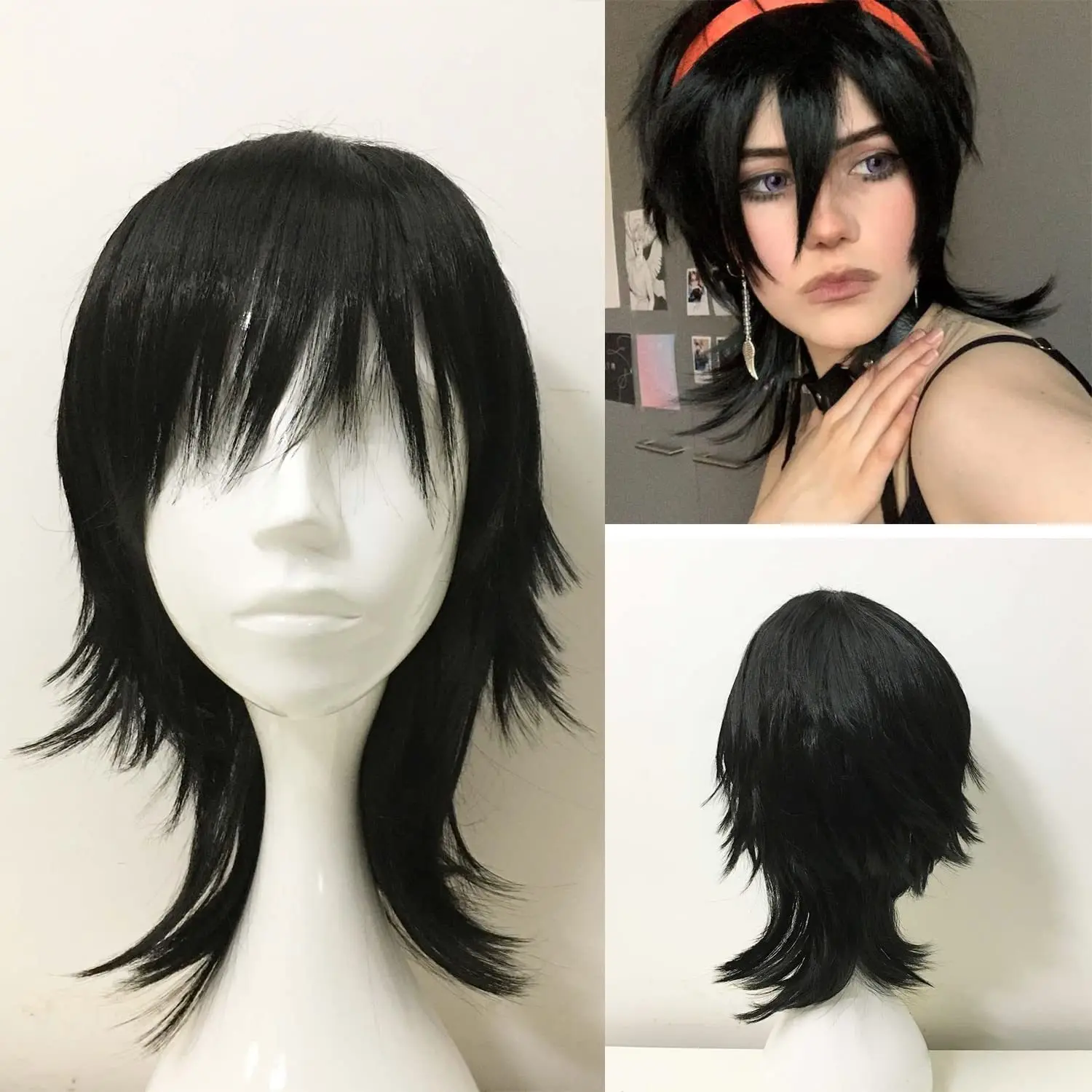짧은 코스프레 늑대 꼬리, 합성 사이드 앞머리, 파티 가발, 14 인치, 35 cm