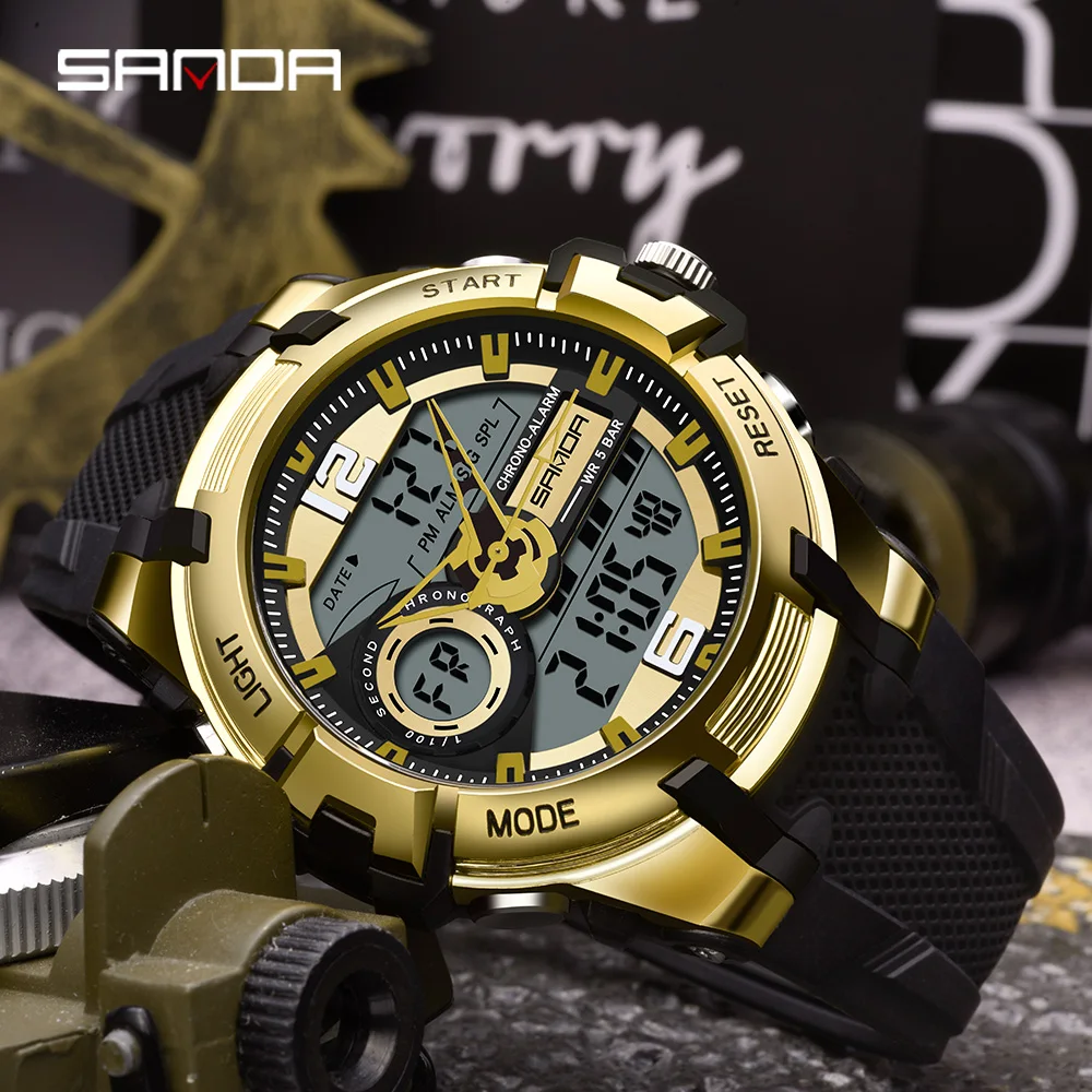 

SANDA Top Brand Dual Display Wrist Watch Men Watches Sports Wristwatch For Man Military Clock Outdoor 5ATM Waterproof Hour