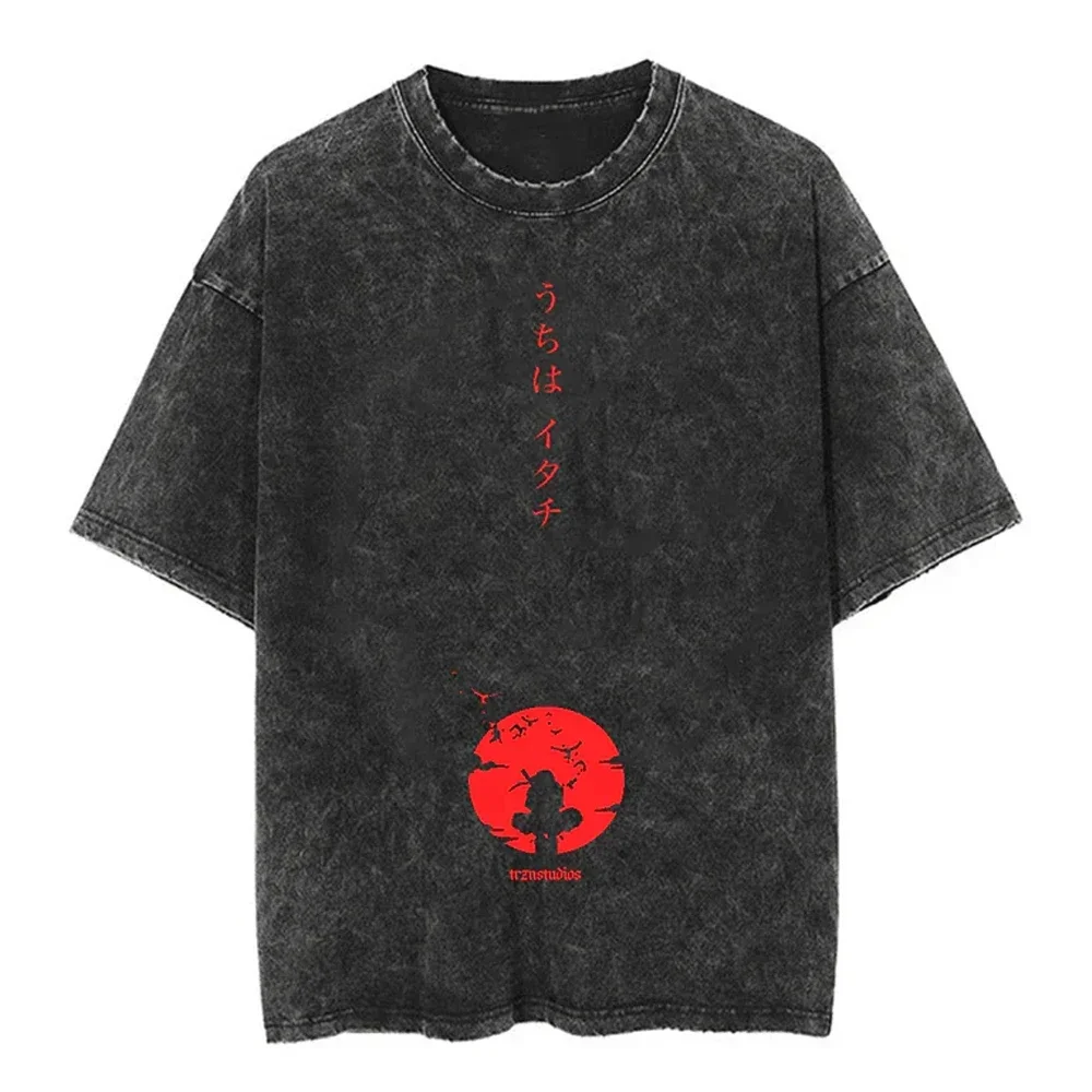 Men Streetwear Tshirt Japanese Naruto Anime Graphic T-Shirt Cotton Harajuku Washed T Shirt Summer Hip Hop Tops Tees Black