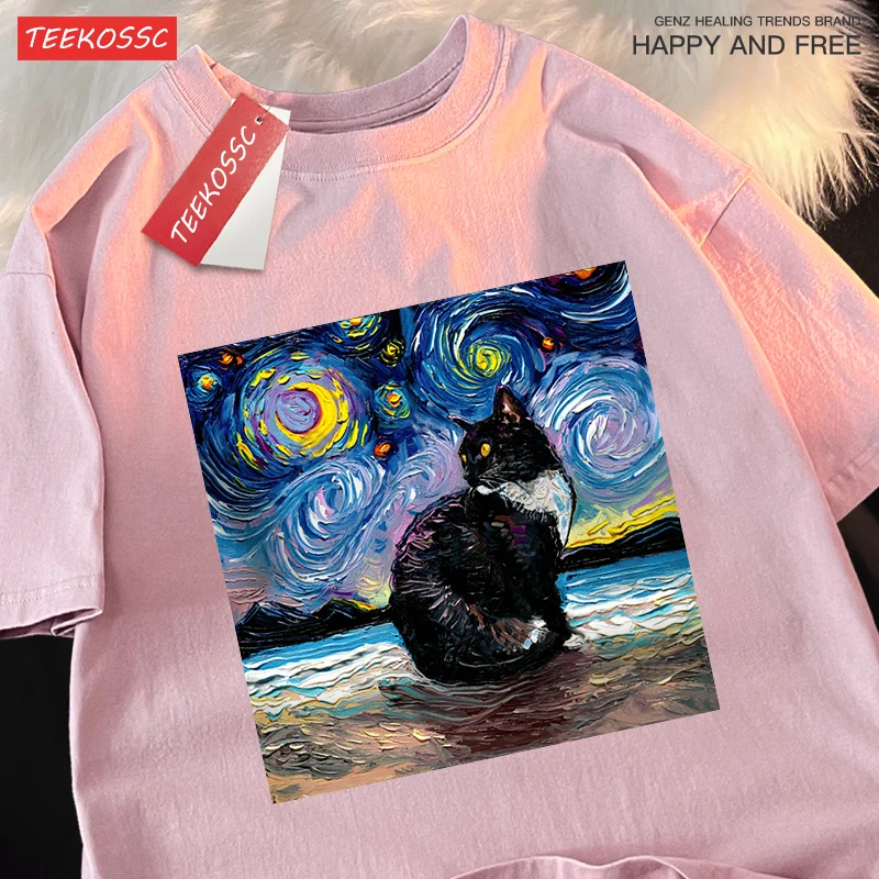 Oil Painting Starry Sky Cat Tshirts Men Women Oversized Cotton Clothing Fashion Summer T-Shirt High Quality Brand Loose Shirts