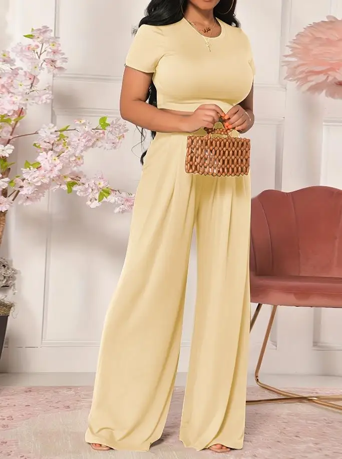 

Yellow Round Neck Short Sleeved Short Top High Waisted Loose Flared Pants Fashion Casual Two-Piece Solid Color Pants Set
