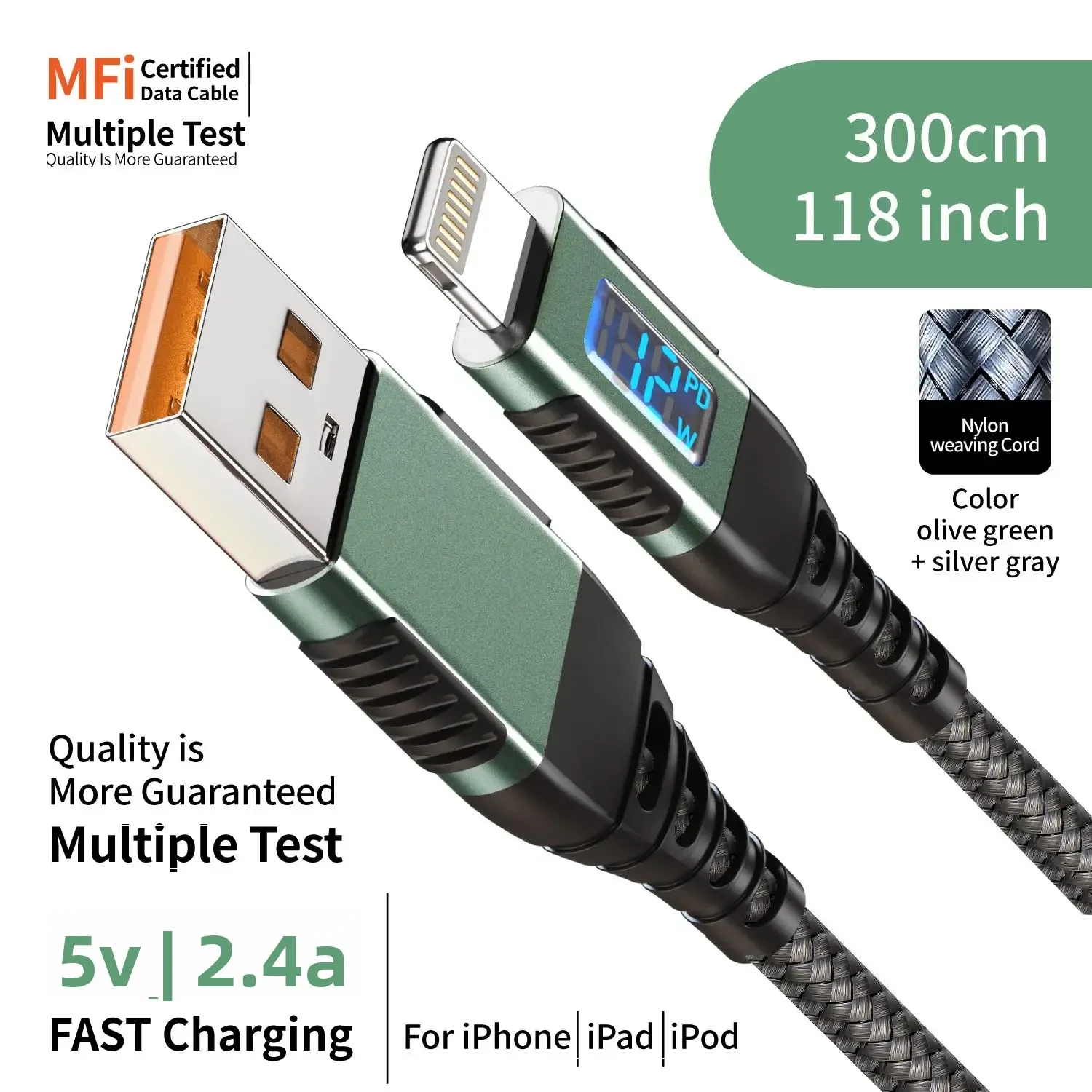 Premium USB-A to Lightning Fast Charging Cable with Digital Display - MFi Certified Nylon Braided, 2m/6.6ft