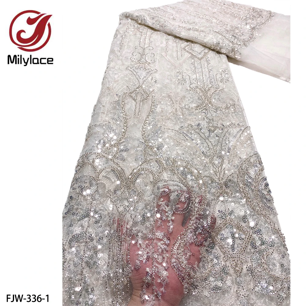 

Luxury Beaded Lace Fabric High Quality African Lace Embroidery Handmade Beads Lace Fabric for Wedding Sewing FJW-336