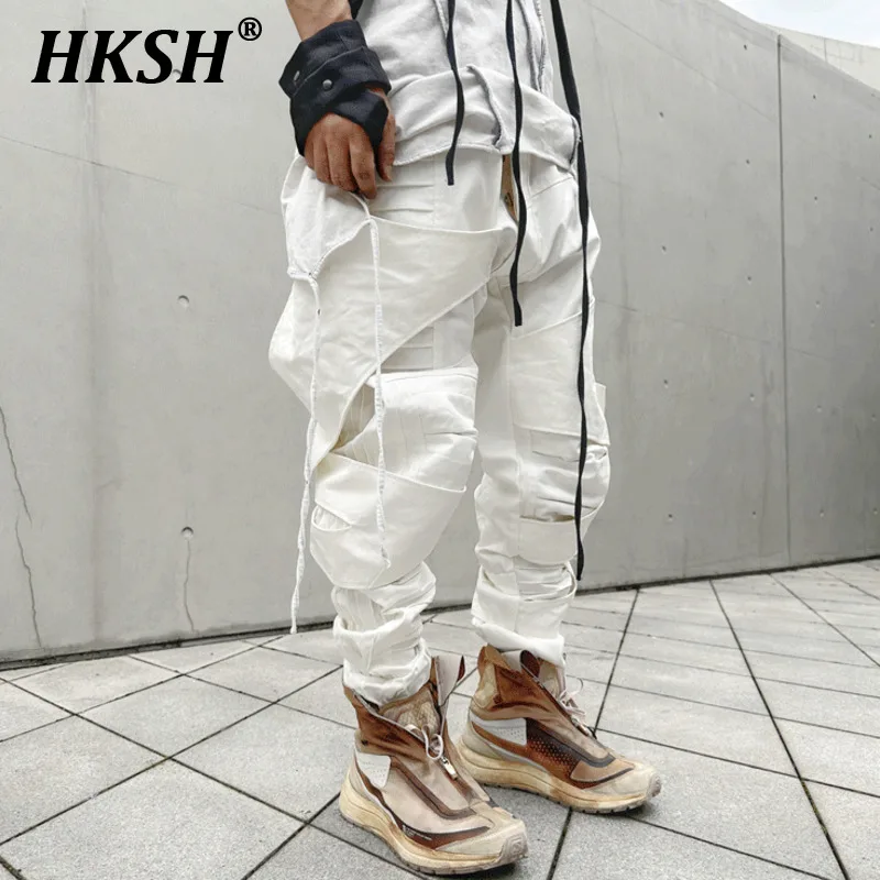 Hksh Marea Punk Waste Land Asimmetrico Scava Fuori Pantaloni Casual Da Moto In Cotone Rivestito Adesivo Moda Avant Garde Hk0768