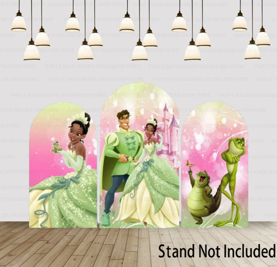 

Disney Tiana Princess and Prince Arch Backdrop Cover Kids Birthday Party Decor Cartoon Frog Wall Background Baby Shower Cover
