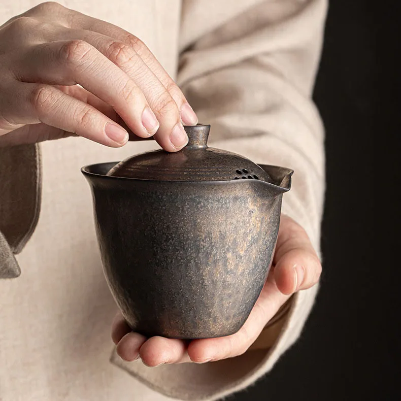 Tea Tureen 200ml Chinese-style Gilt Glaze Ceramic Retro Hand-held Pot Hanmade Coarse Pottery Tea Maker Gaiwan Kung Fu Set