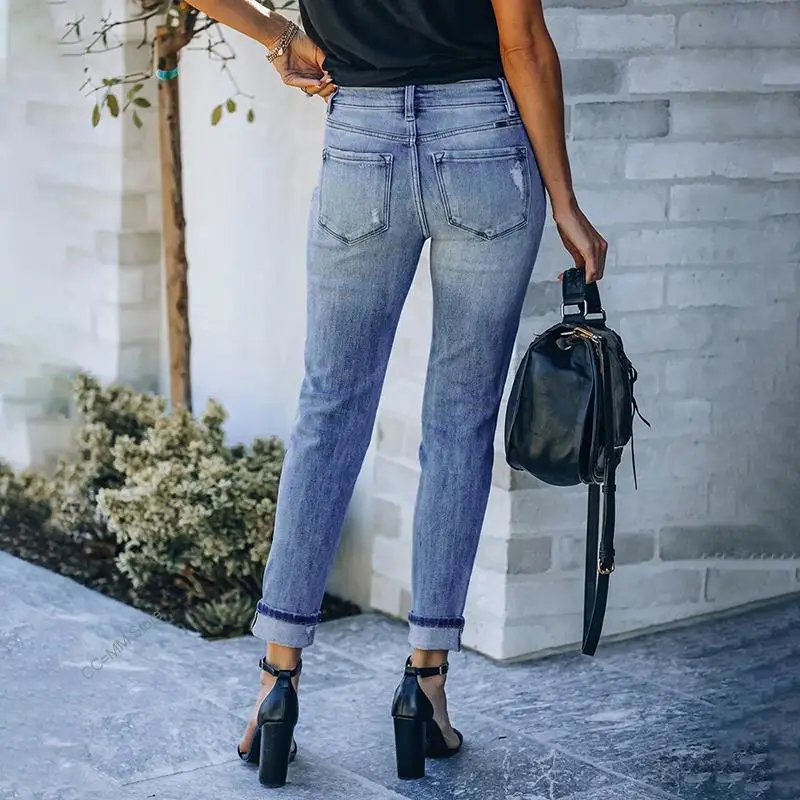 New Pants For Women Ripped Stretch Fashion Blue High Waist Streetwear Vintage Casual Slim Fit Mom Jeans