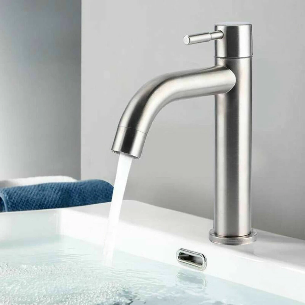 Description Picture 3 of itemStainless Steel Silver Unique Cold Sink Stopcock Shower Room Counter Basin Faucet Mixer Taps Single Lever Hole Basin