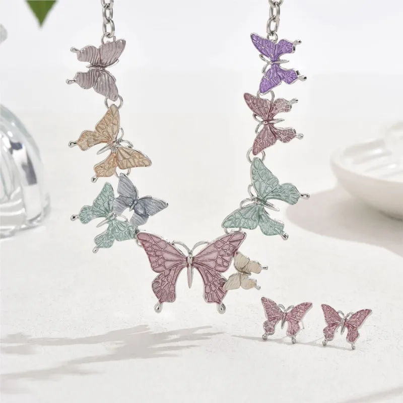 3pcs/set Colorful Butterfly Necklace and Earrings Sets for women Y2K Summer Vacation Jewelry Sets Party Jewelry Accessories