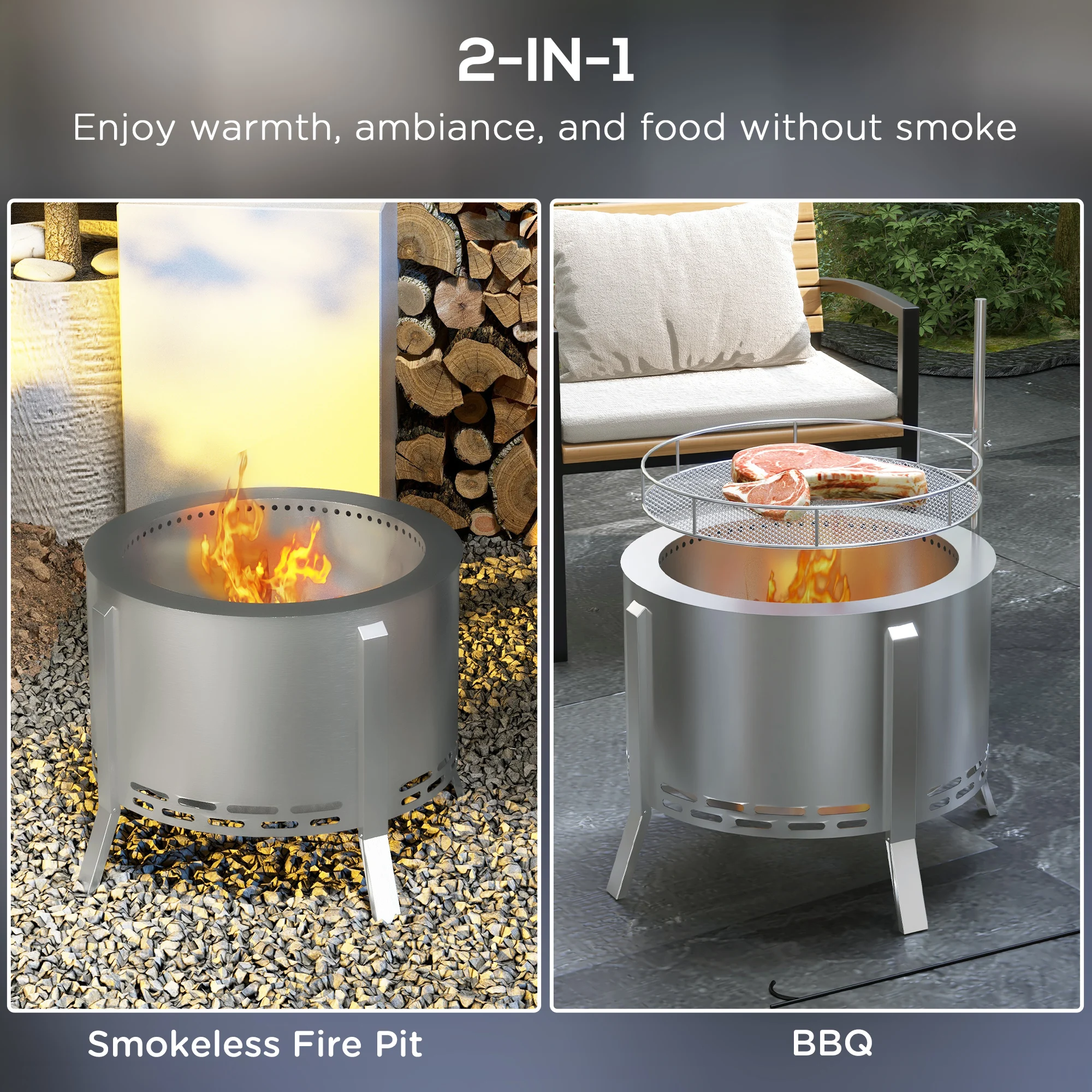 Outsunny Smokeless Fire Pit Bbq Grill with Poker, Stainless Steel, Silver