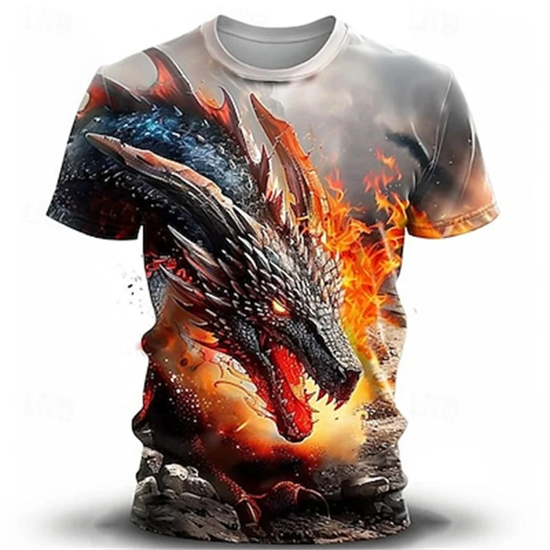

Men's Flame Dragon Pattern T-shirt Summer Fashion 3D Printing Short sleeved Shirt Men Outdoor Daily Street Extra Large Clothing
