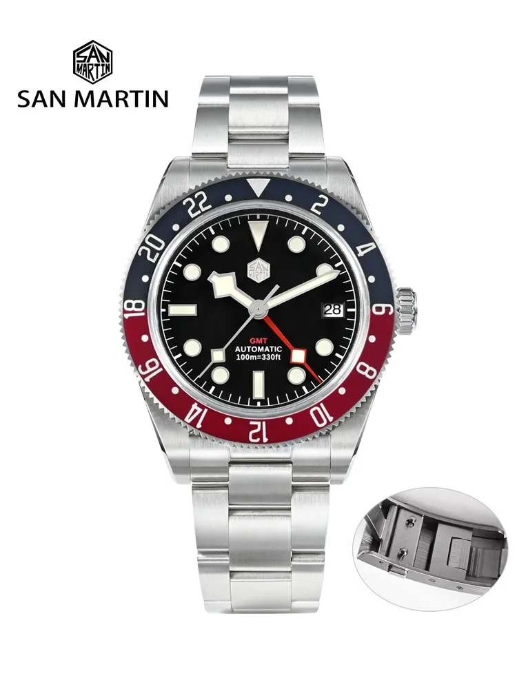 San Martin 39mm NH34 GMT Men Luxury Watch Bidirectional Aluminum