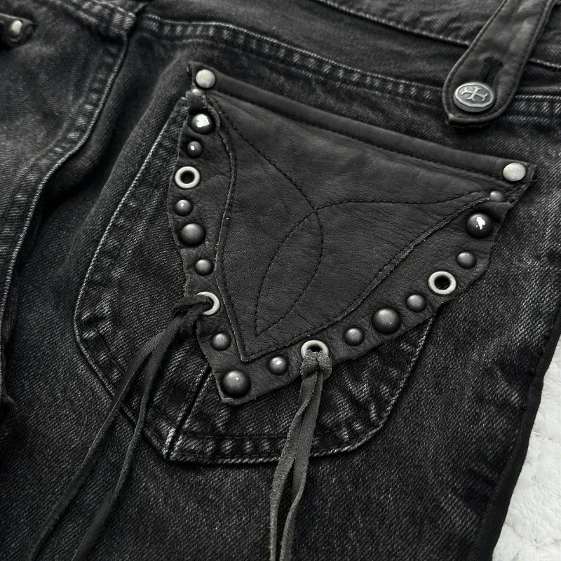 Y2K Dark Gothic Jeans Micro Flared Cross Leather Pocket Denim Pants Retro Harajuku Heavyweight Unisex Loose Streetwear Trousers 6