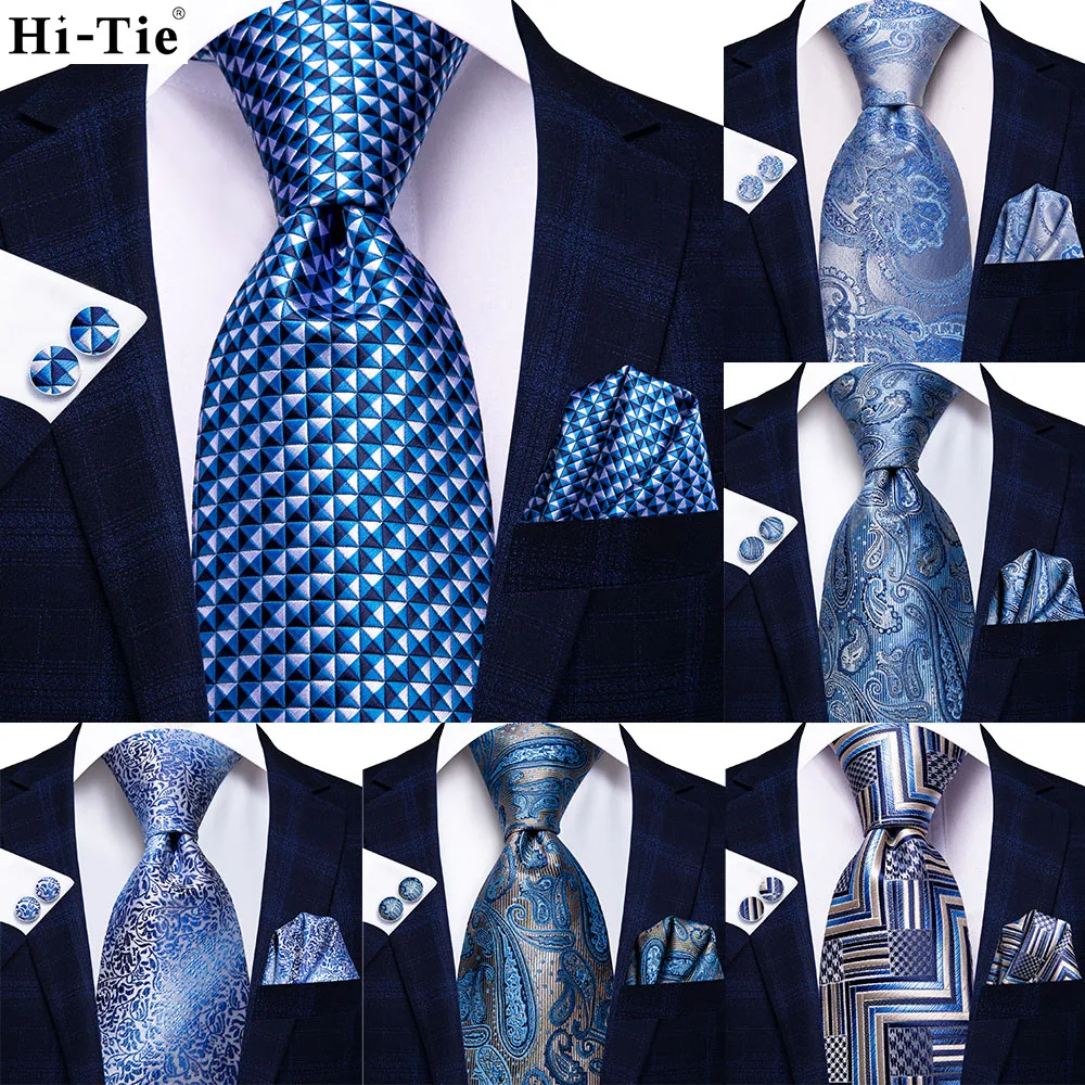 

Hi-Tie Fashion Designer Light Blue Plaid Paisley Silk Wedding Tie For Men Handky Cufflink Men Necktie Business Party Dropshiping