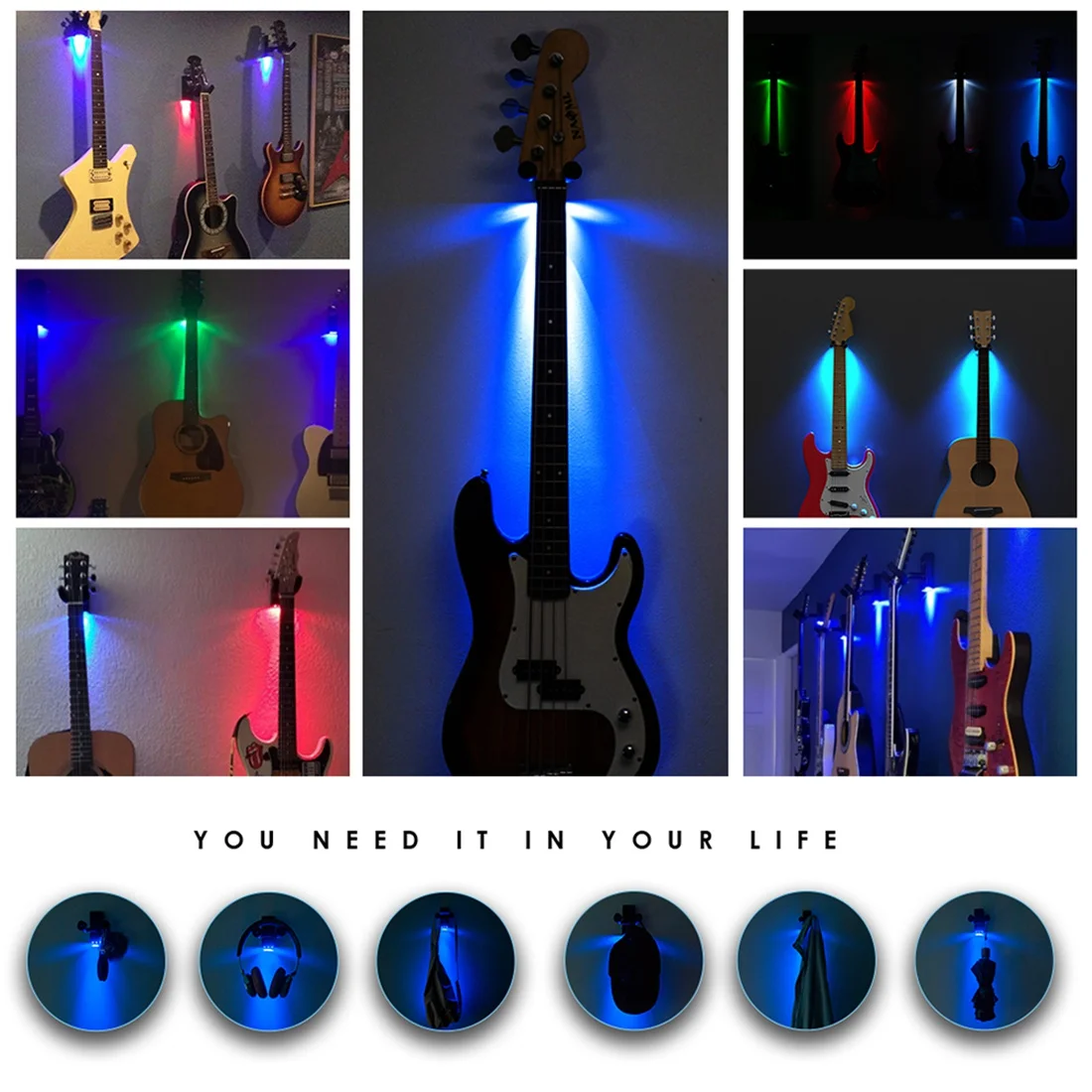 

Durable Guitar Hanger Wall Hook Stand Guitarra Bracket Holder LED Light for Acoustic Electric Guitar Bass Banjo,Blue