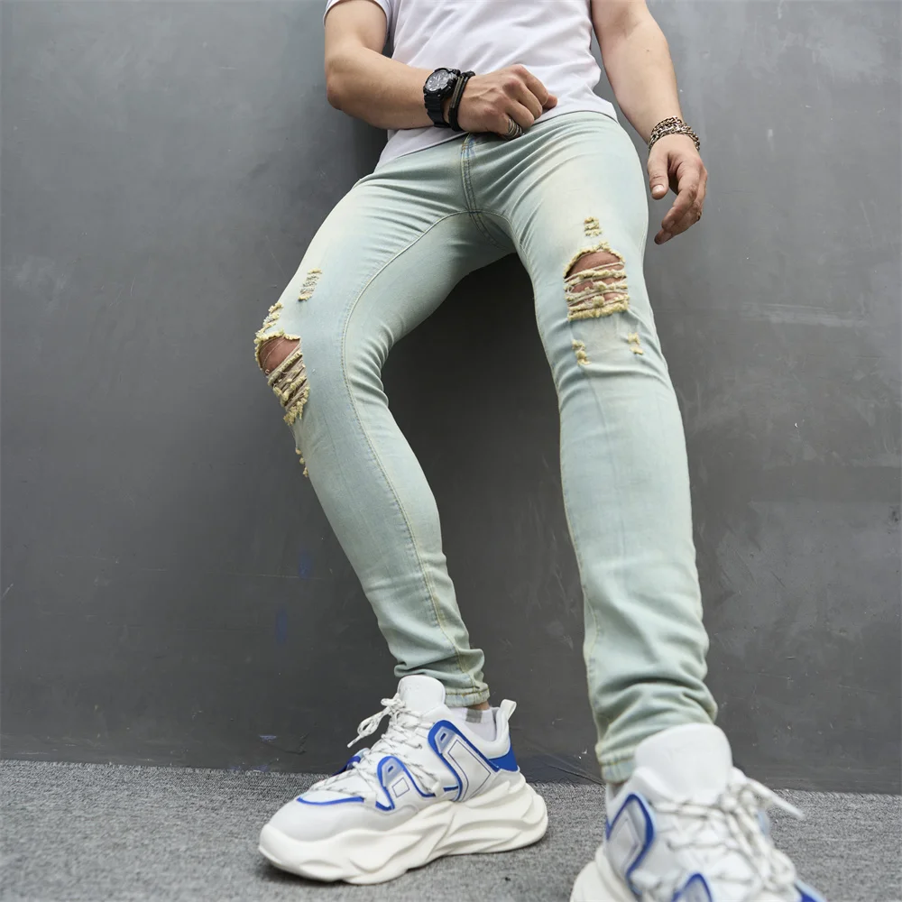 Men Vintage Holes Solid Stretch Skinny Jeans Trousers Stylish Ripped Male Cotton Jogging Slim Casual Denim Pants