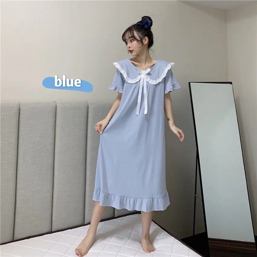 Women Nightgowns XXXL Cute Bow Sleepwear Soft Casual Nightwear Solid Ruffles Sleep Dress Lingerie Gown Robe Homedress Nightdress