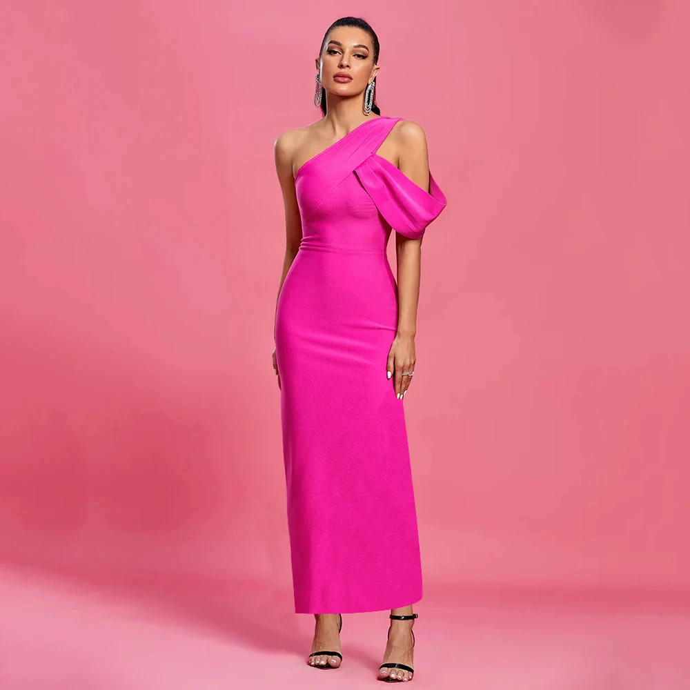 

Women Sexy Rosered Color One Shoulder Fashion Bodycon Bandage Long Dress Elegant Evening Party Homecoming Dress
