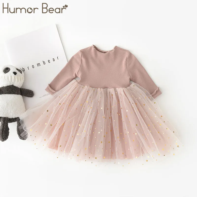 Humor Bear Baby Girl Clothes Set Stars Moon Decoration Mesh Baby Girl Dress Long-sleeved Bodysuit Costume Clothing