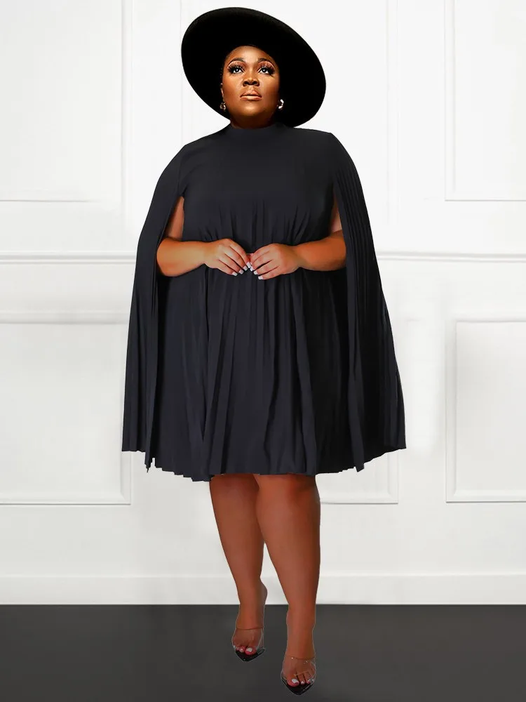 

ZJFZML ZZ Plus Size Women's Clothing Solid Color Cloak Sleeve Pleated Knee Length Dresses Summer Loose Waist A-line Mini Dress