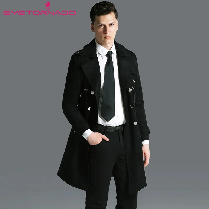 Men's Casual Suede Trench Coat Double Breasted Black Work Slim Fit Belted, Army Green Spring Autumn Plus Size S-6XL
