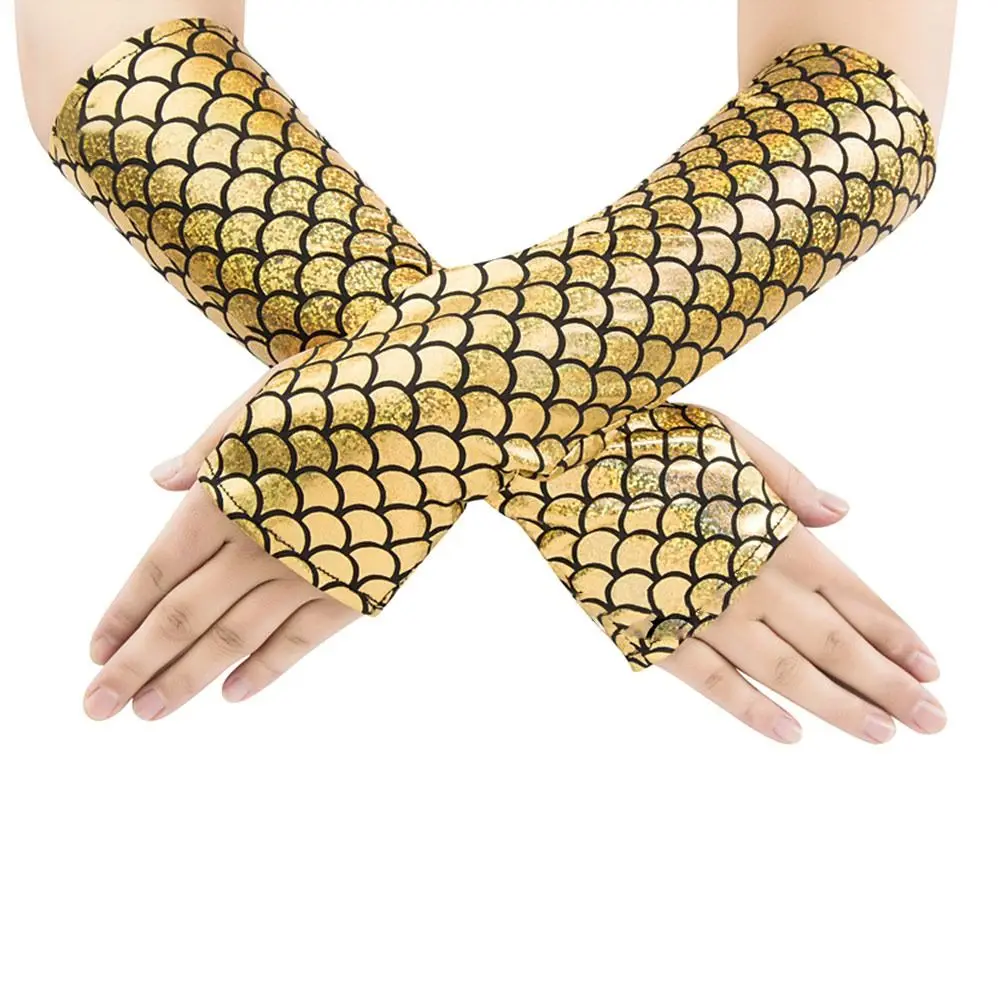 Fashion Colorful Fingerless Gloves Fish Scale Long Arm Sleeves Cosplay Gloves Adult