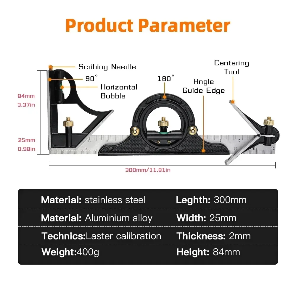 STAINLESS STEEL MULTI-COMBINATION 3IN1 RECTANGULAR RULER SET WOODWORKING CARPENTER ENGINEER PROTRACTOR MEASURING TOOL