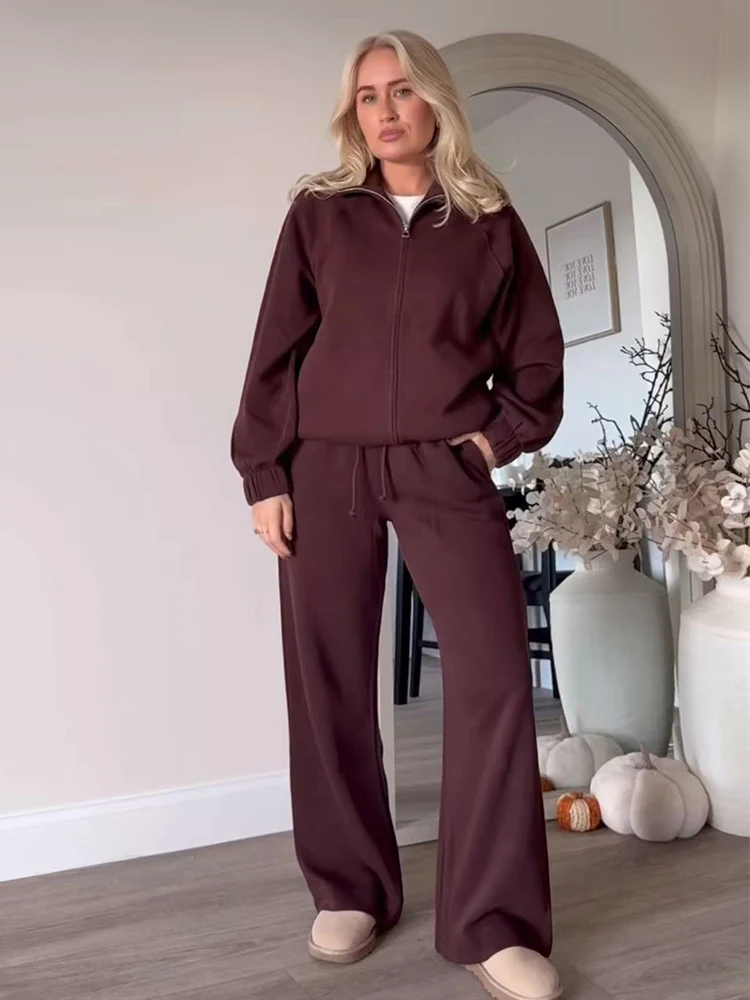 TFMLN Women Wide Leg Pants Set High Street   Stand Collar Zipper Jacket Straight Pant 2025 Autumn Winter Casual Female Set