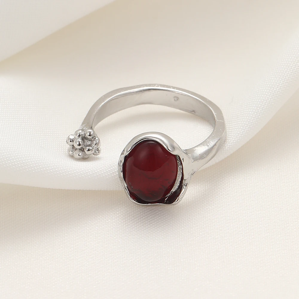 Hip Hop Irregular Stone Rings Y2K Aesthetic Kpop Animal Red Ring for Women Egirl Vintage Flower Bud Open Rings Trendy Jewelry
