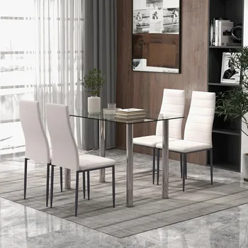 5-Piece Modern Dining Table Set – Glass Top with 4 PVC Leather Chairs 1