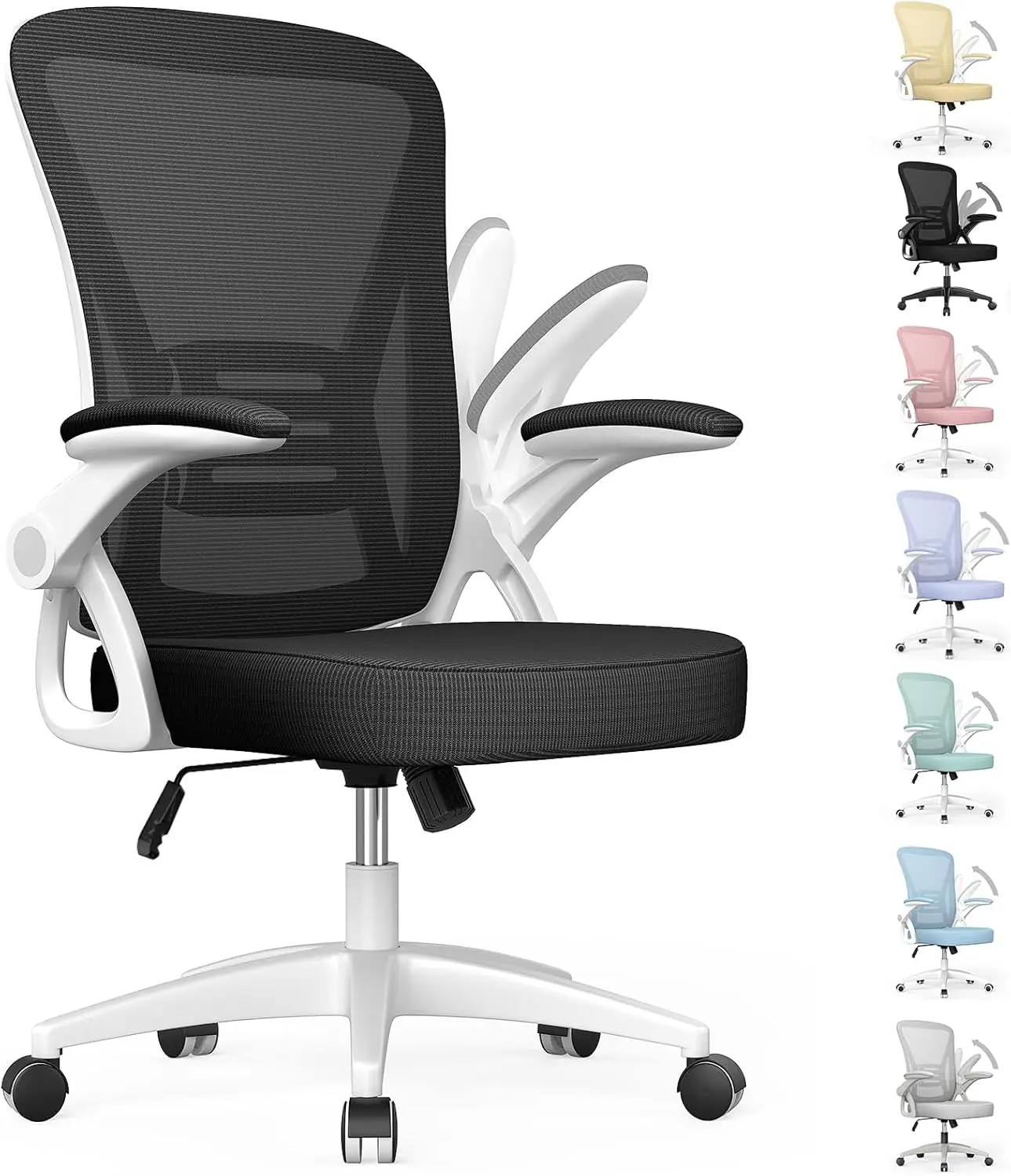 Ergonomic Office Chair,Mid-Back Computer Chair with Adjustable Height, Flip-Up Arms and Lumbar Support, Breathable Bright White